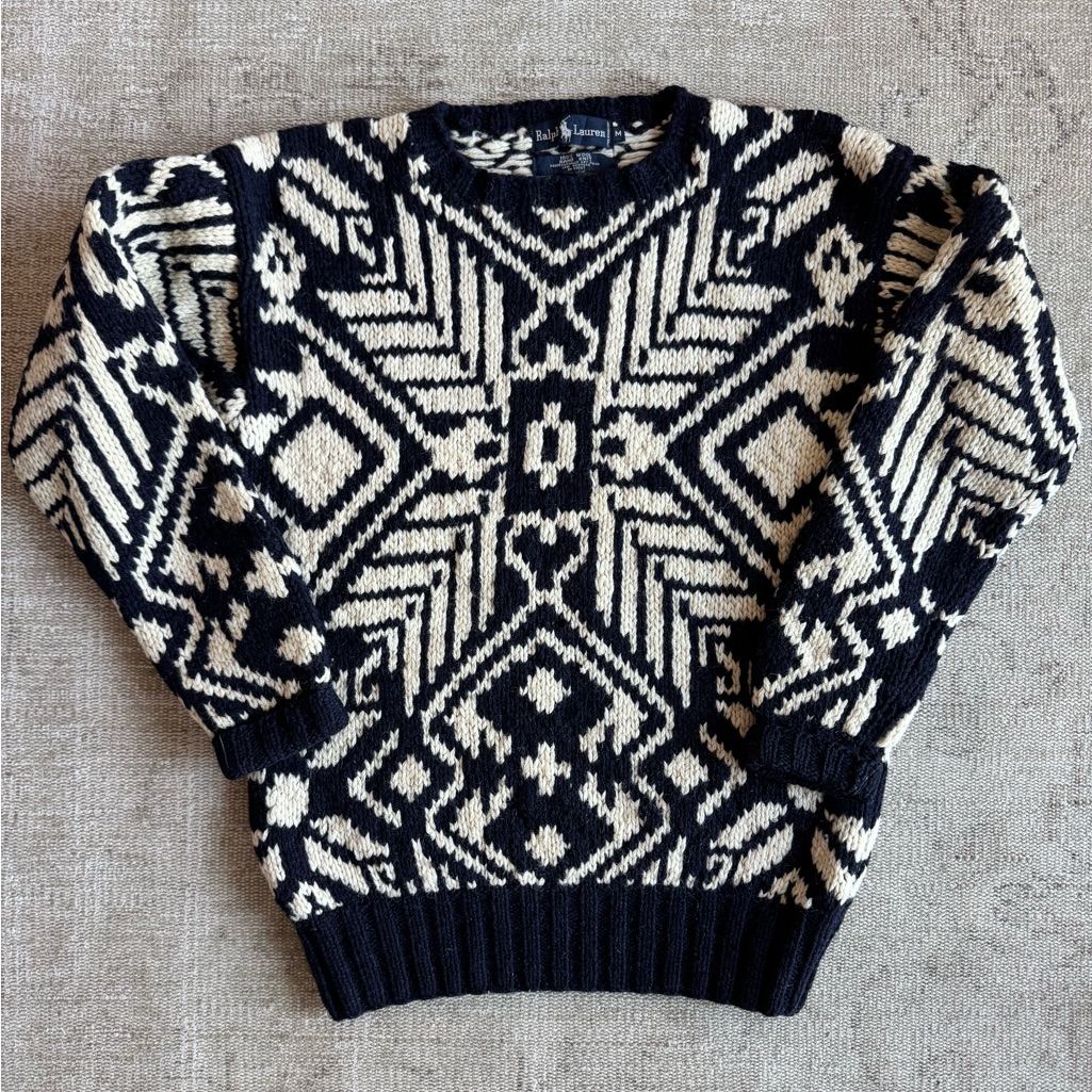 Vintage Ralph Lauren Navy And White Geometric Nordic Hand Knit Sweater M